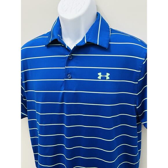 Under Armour Golf Polo Heatgear Blue Striped Loose Fit 3 Button Medium - Picture 1 of 3